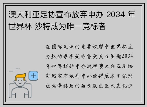 澳大利亚足协宣布放弃申办 2034 年世界杯 沙特成为唯一竞标者