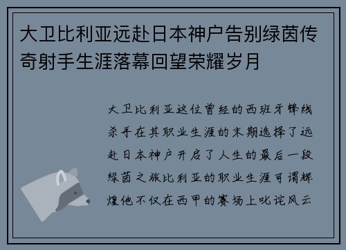 大卫比利亚远赴日本神户告别绿茵传奇射手生涯落幕回望荣耀岁月 大卫比利亚远赴日本神户告别绿茵传奇射手生涯落幕回望荣耀岁月