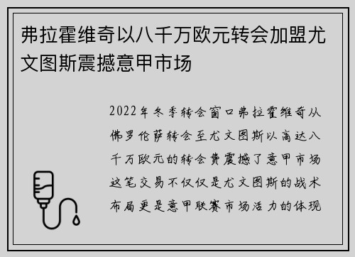 弗拉霍维奇以八千万欧元转会加盟尤文图斯震撼意甲市场 弗拉霍维奇以八千万欧元转会加盟尤文图斯震撼意甲市场